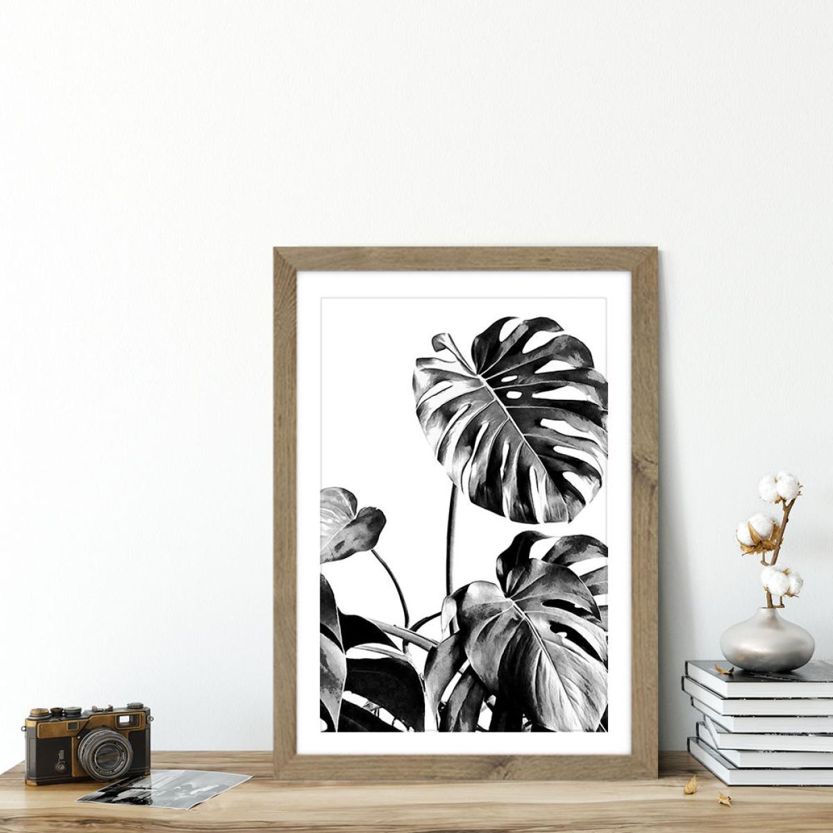 Monstera Black and White 7 Art Print Oak Frame – image 2