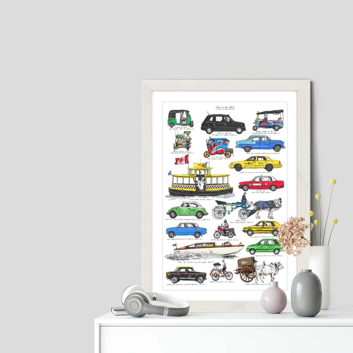 White Frame Taxis Art Print – image 2