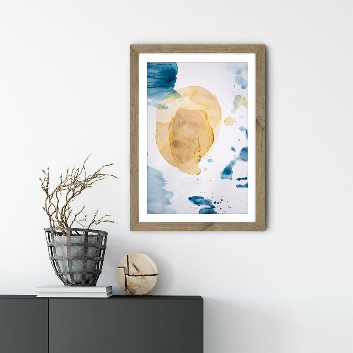 Aquarelle Mustard Yellow Meets Sea Blue Art Print Oak Frame – image 2