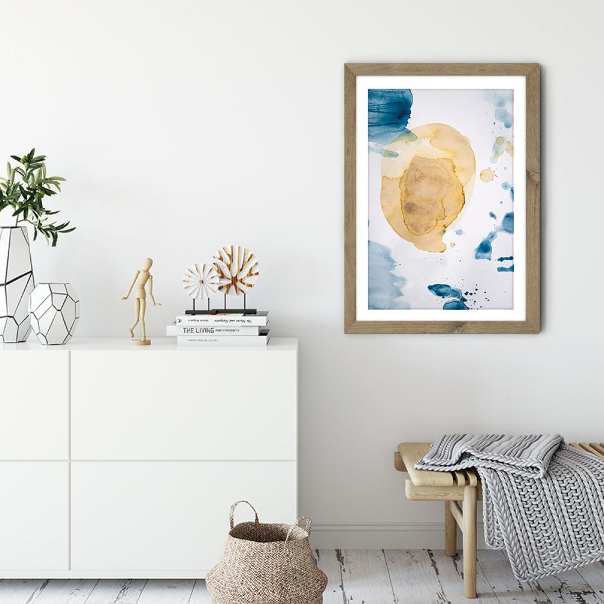 Aquarelle Mustard Yellow Meets Sea Blue Art Print Oak Frame – image 3