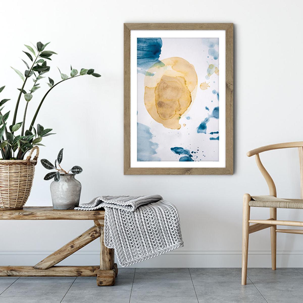 Aquarelle Mustard Yellow Meets Sea Blue Art Print Oak Frame – image 4