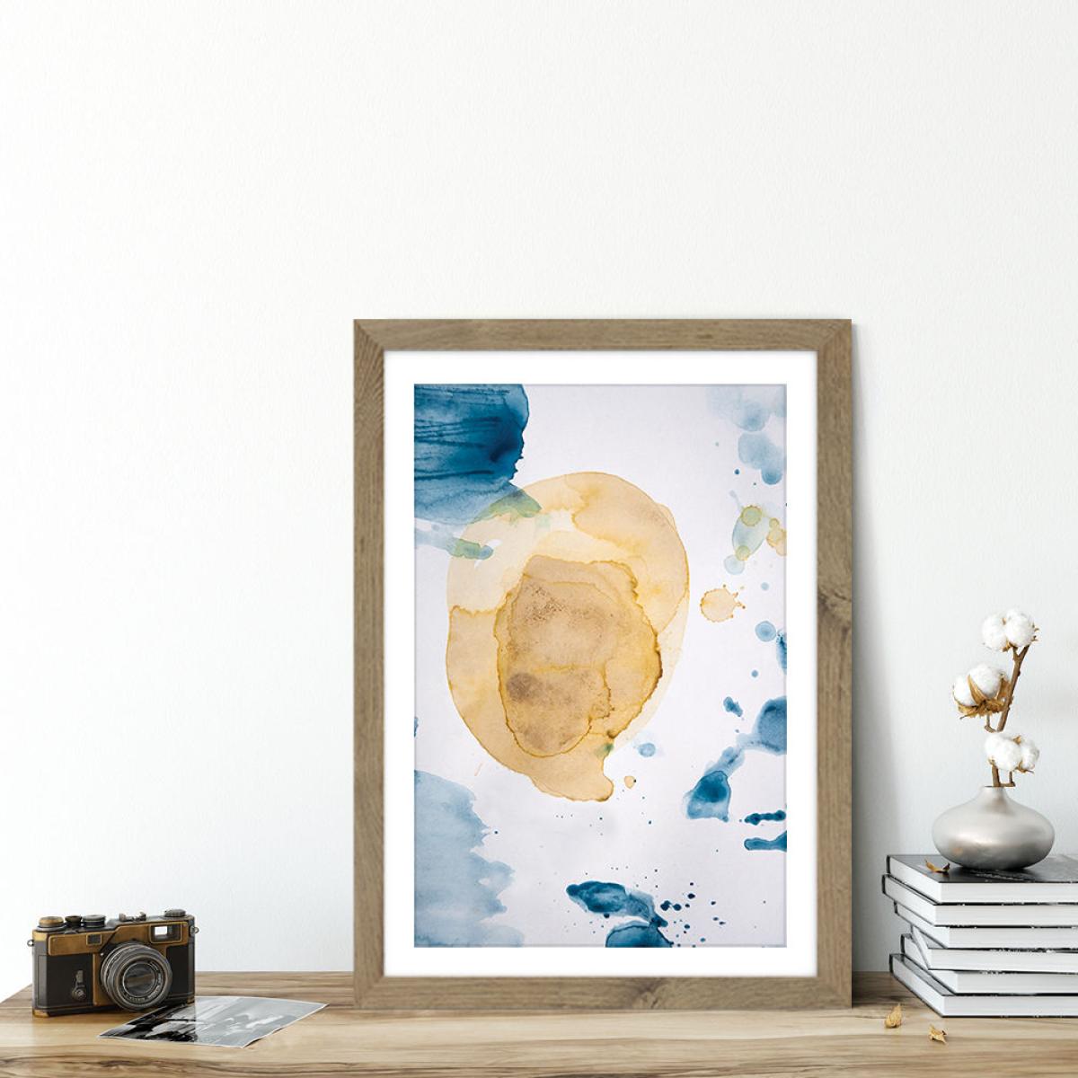 Aquarelle Mustard Yellow Meets Sea Blue Art Print Oak Frame – image 5