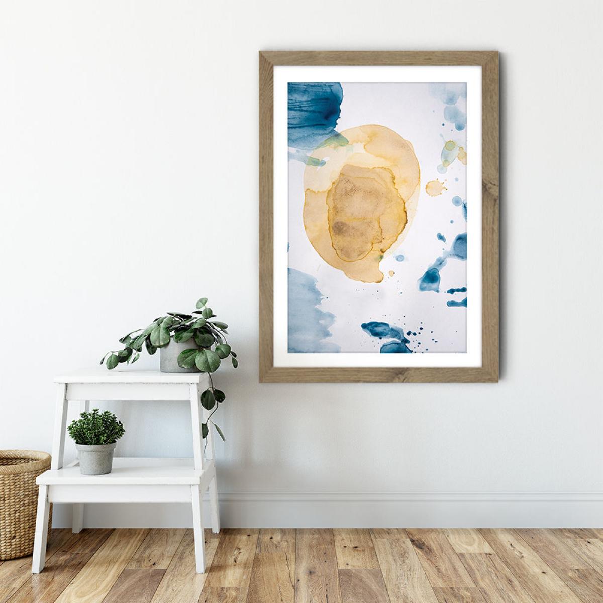 Aquarelle Mustard Yellow Meets Sea Blue Art Print Oak Frame – image 6