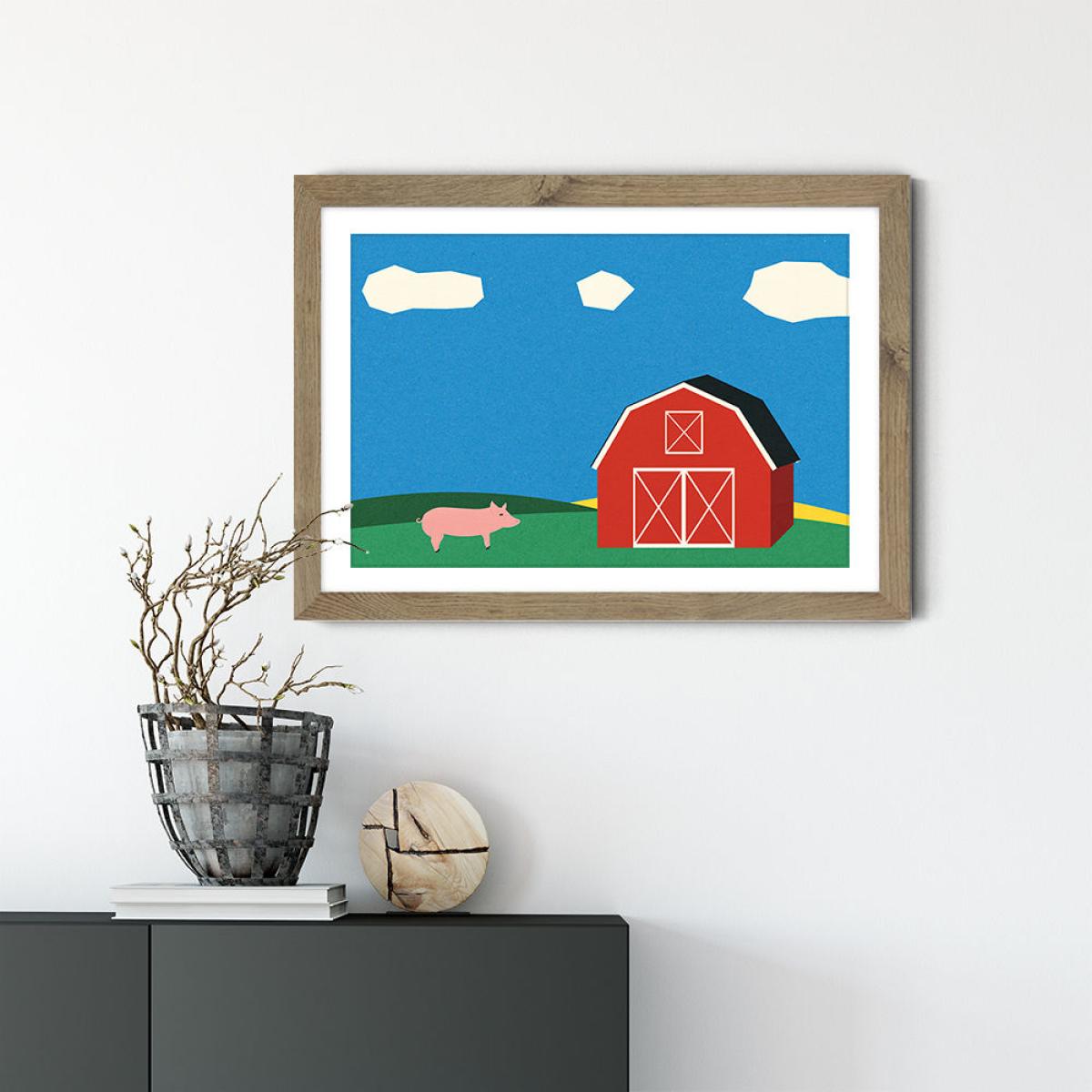Pig and Barn Art Print Oak Frame – image 2