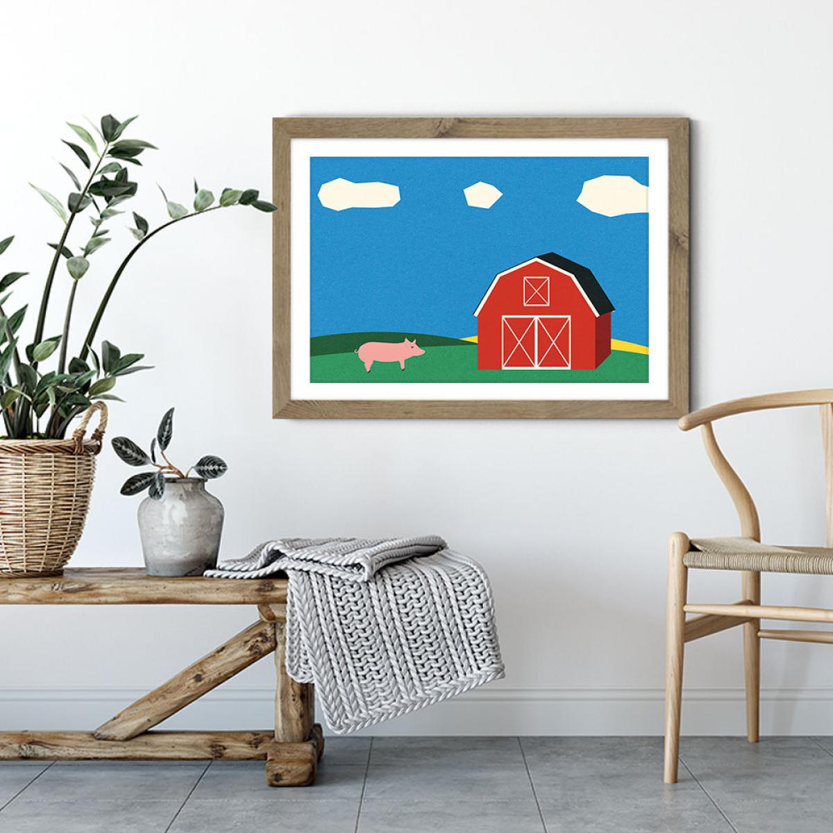 Pig and Barn Art Print Oak Frame – image 3