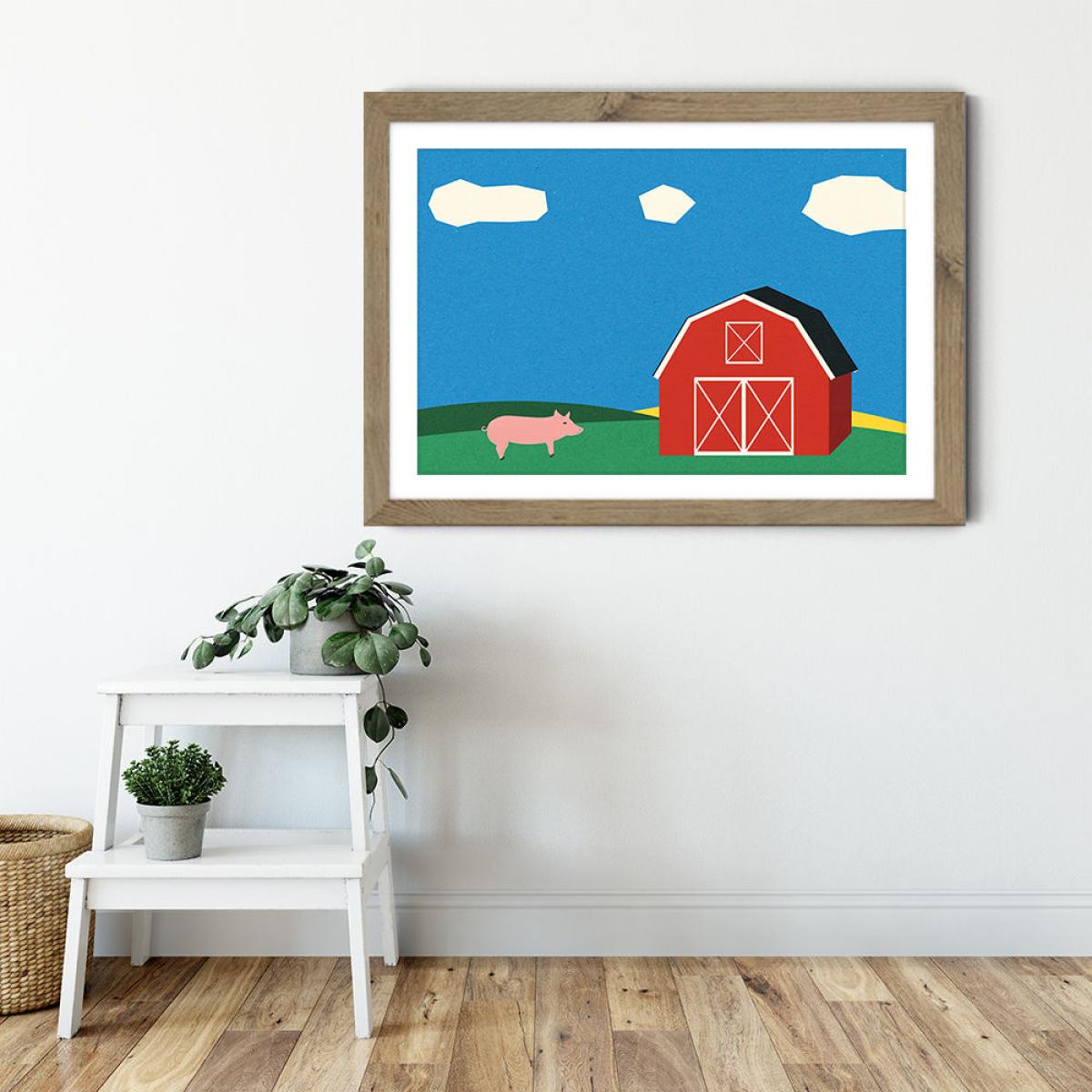 Pig and Barn Art Print Oak Frame – image 4