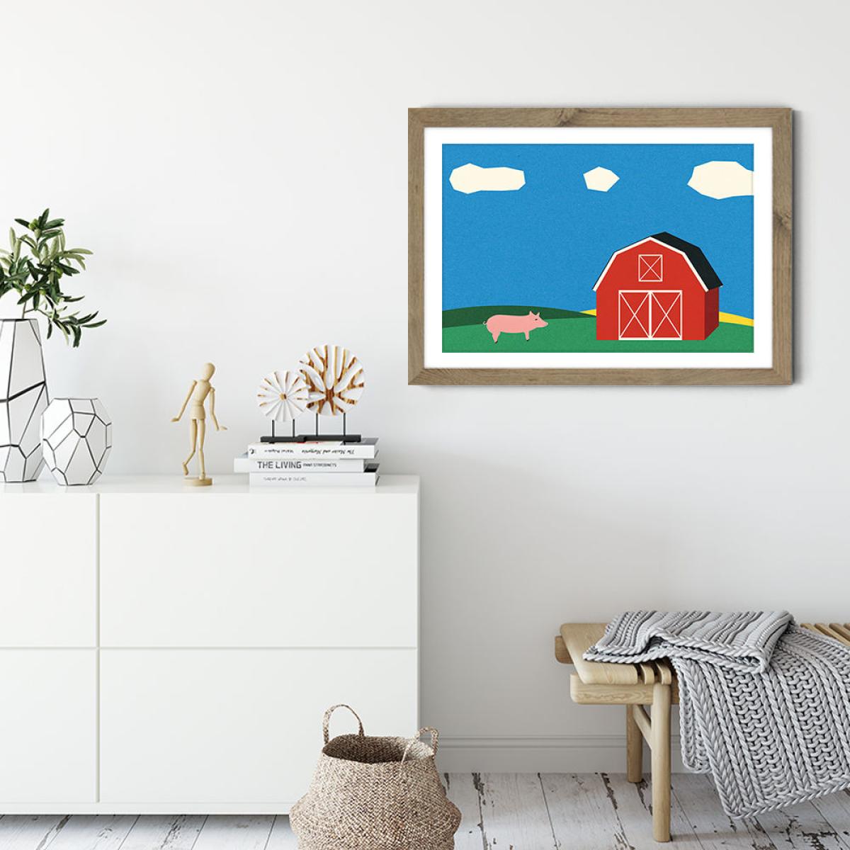 Pig and Barn Art Print Oak Frame – image 5