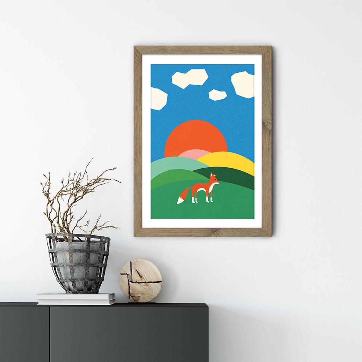 Fox and Field Art Print Oak Frame – image 2