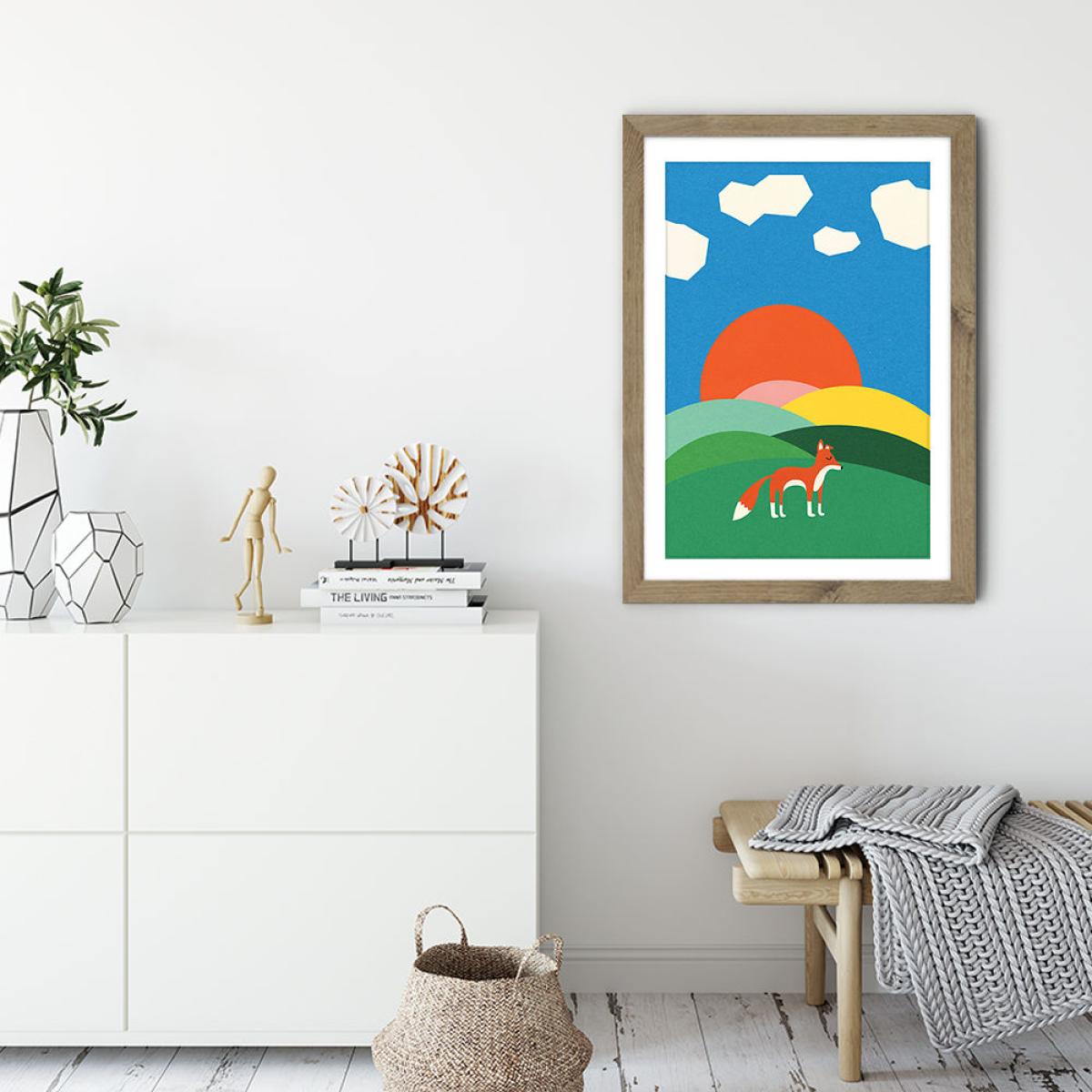 Fox and Field Art Print Oak Frame – image 3