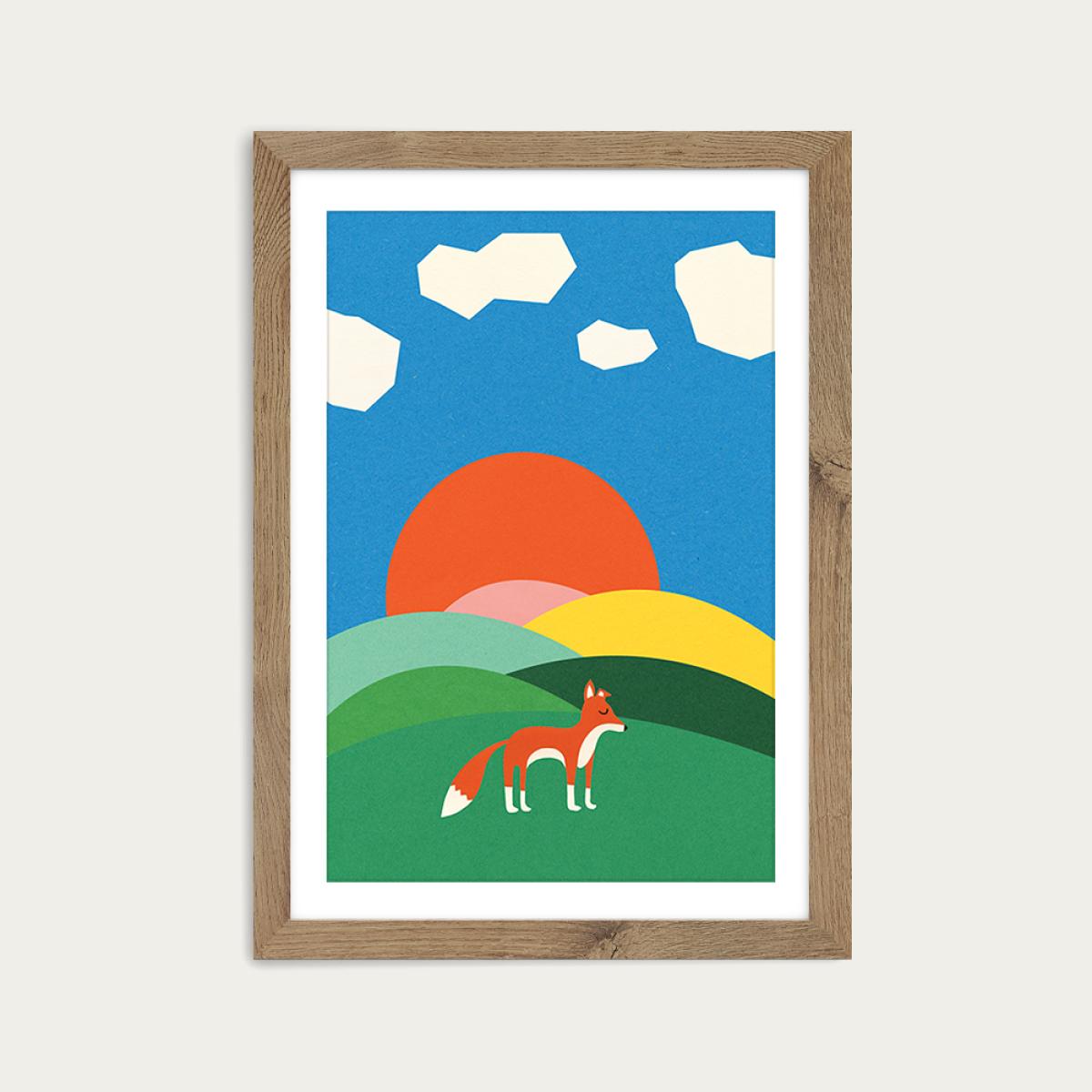 Fox and Field Art Print Oak Frame – image 1