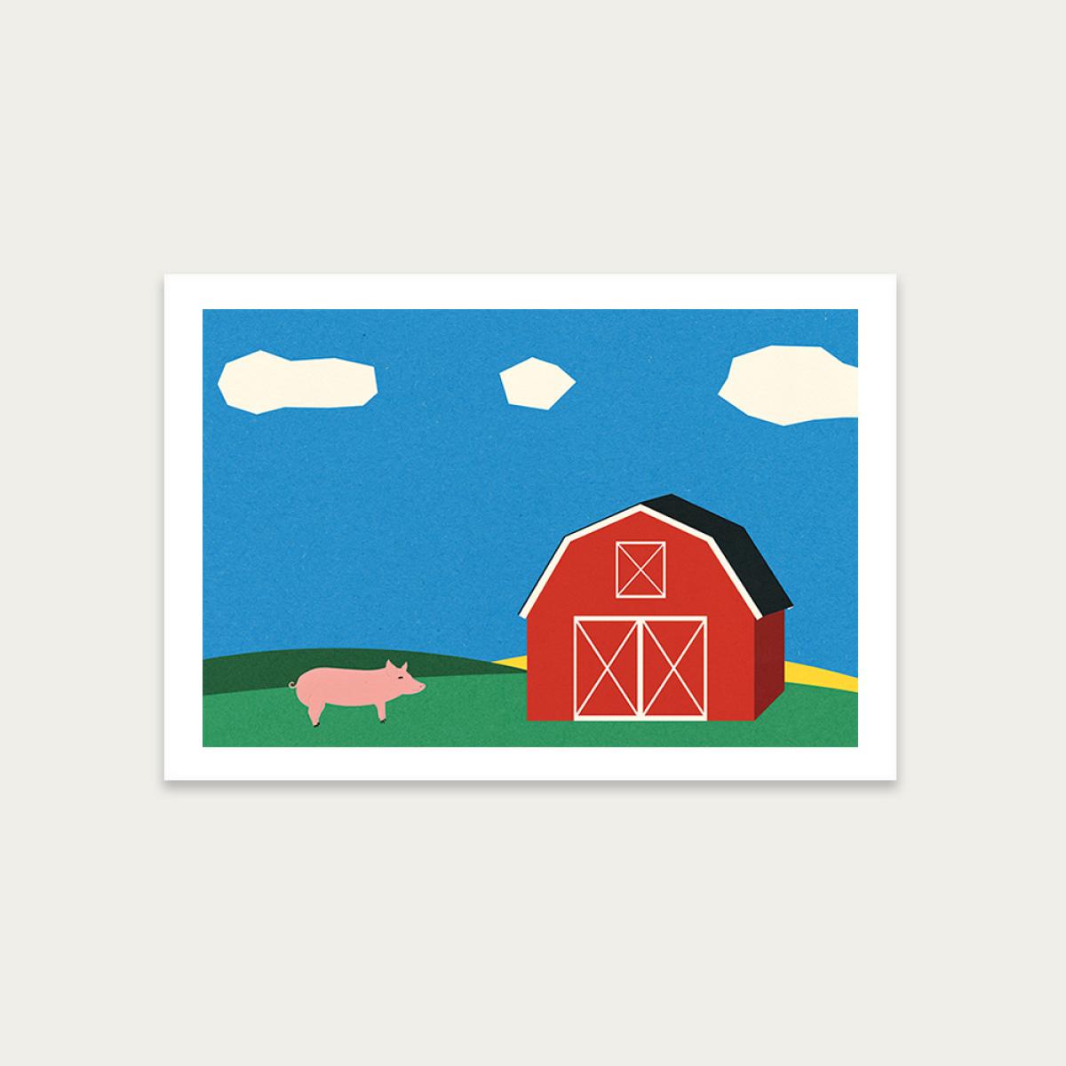 Pig and Barn Art Print Unframed