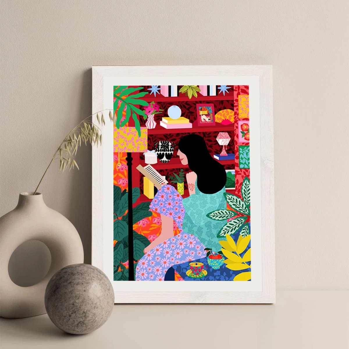 Girl Reading Her Favorite Book Art Print White Frame – image 3
