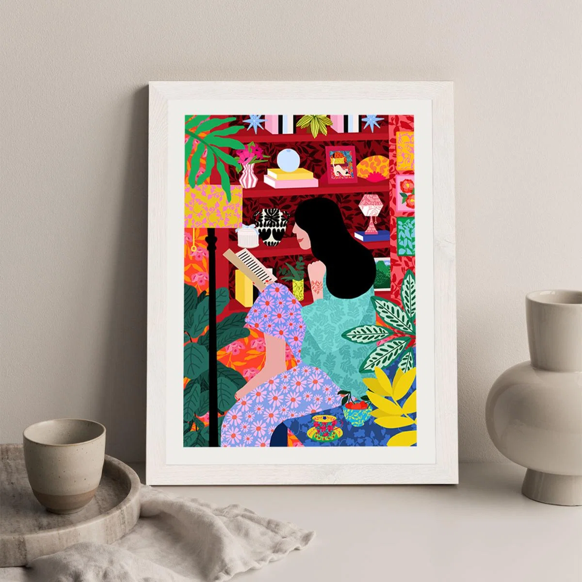 Girl Reading Her Favorite Book Art Print White Frame – image 5