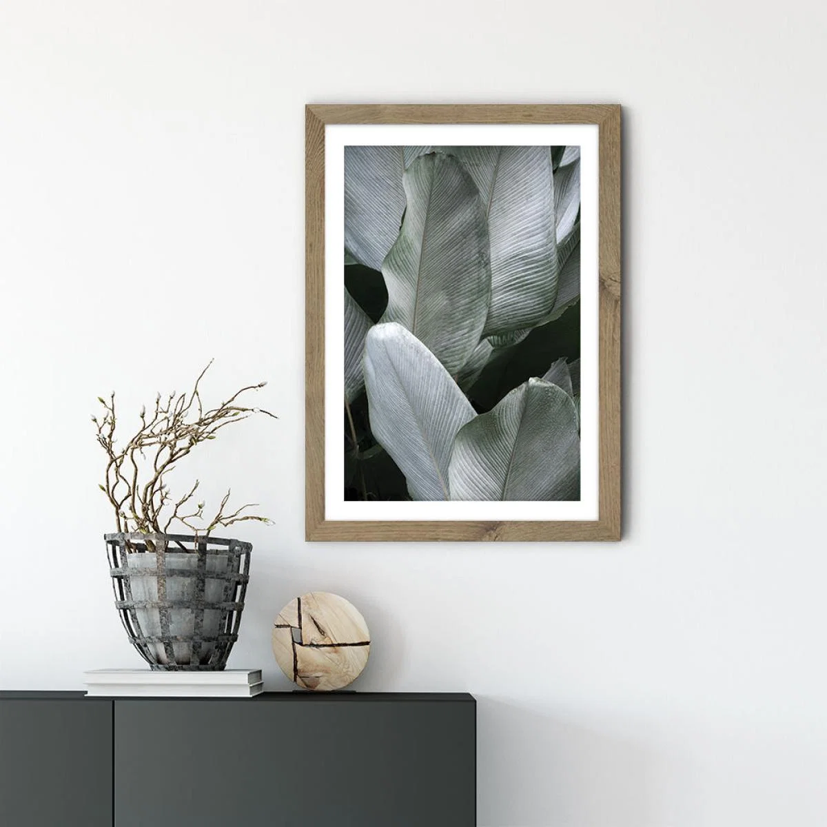 Tropical Silver Leaves Art Print Oak Frame – image 2