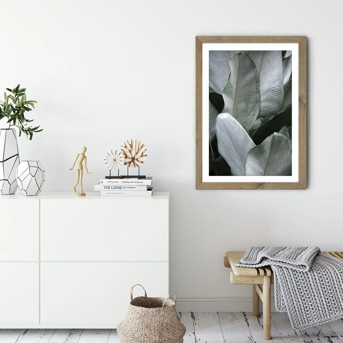 Tropical Silver Leaves Art Print Oak Frame – image 3