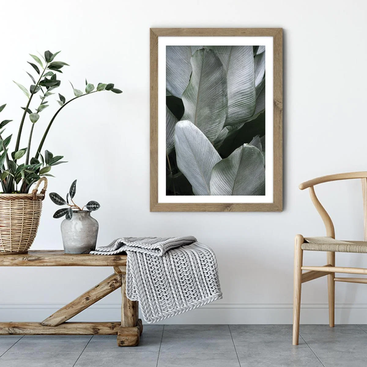 Tropical Silver Leaves Art Print Oak Frame – image 4