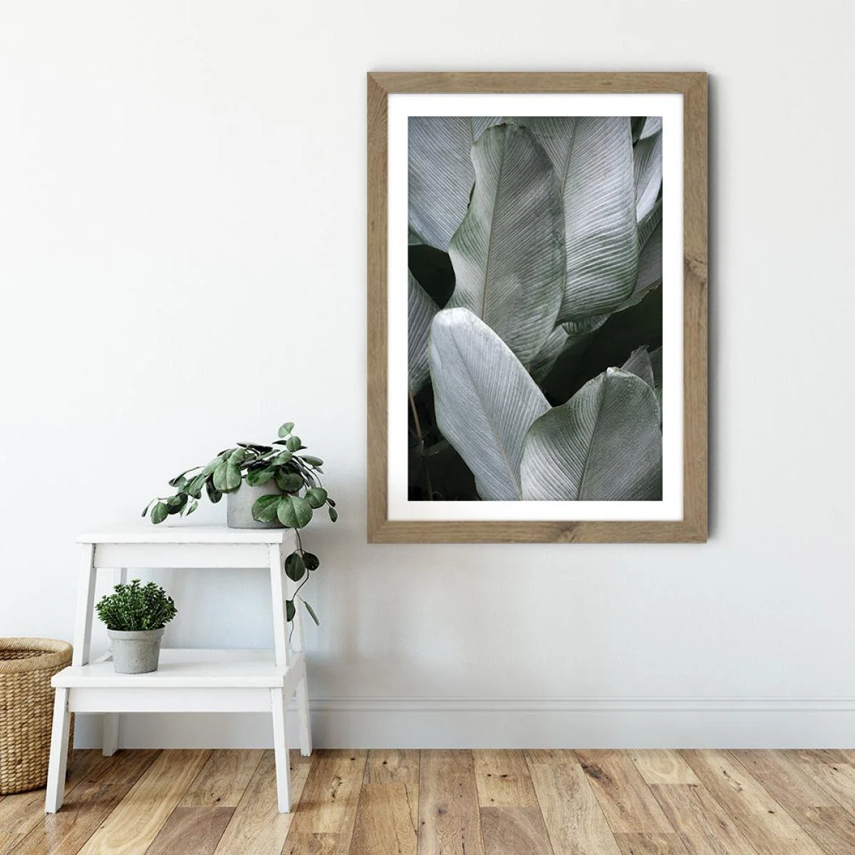 Tropical Silver Leaves Art Print Oak Frame – image 6