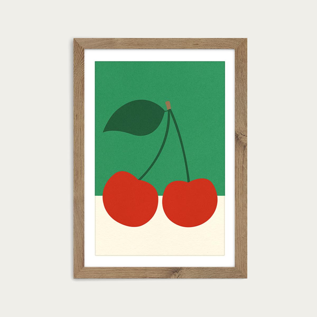 Cherries Art Print Oak Frame – image 1
