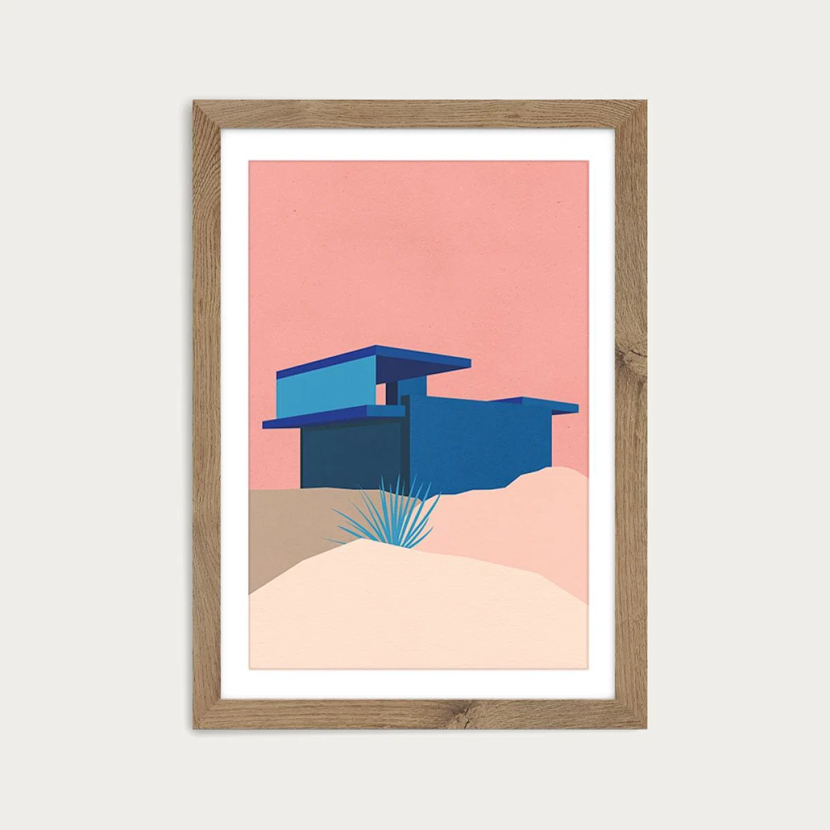Kaufmann Desert House Blue Rosé Art Print Oak Frame – image 1