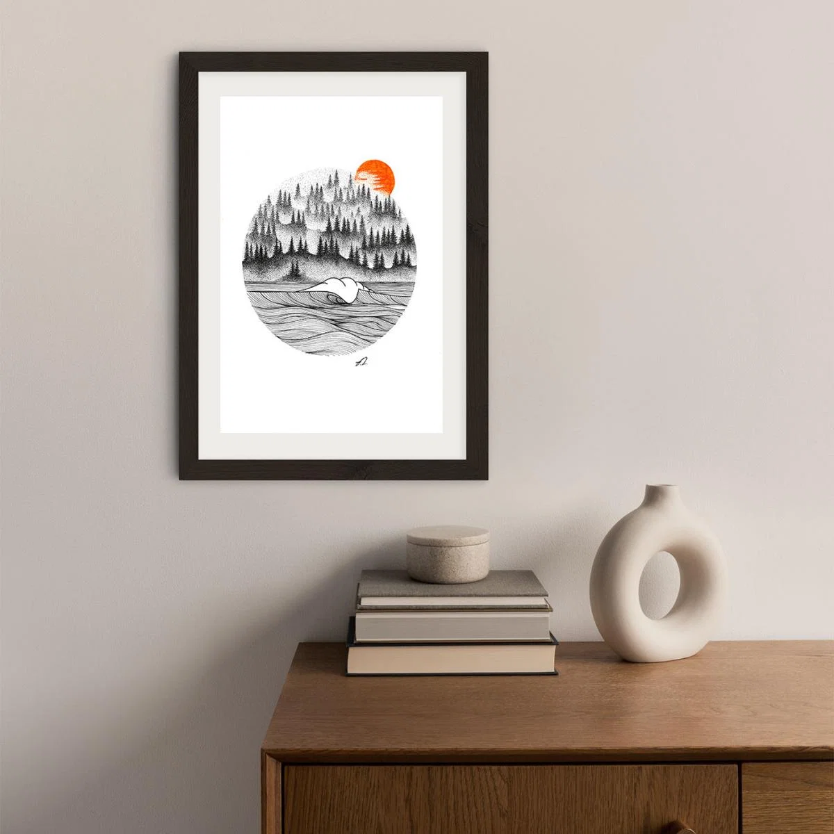 Dotwork Sunrise Art Print Black Frame – image 2