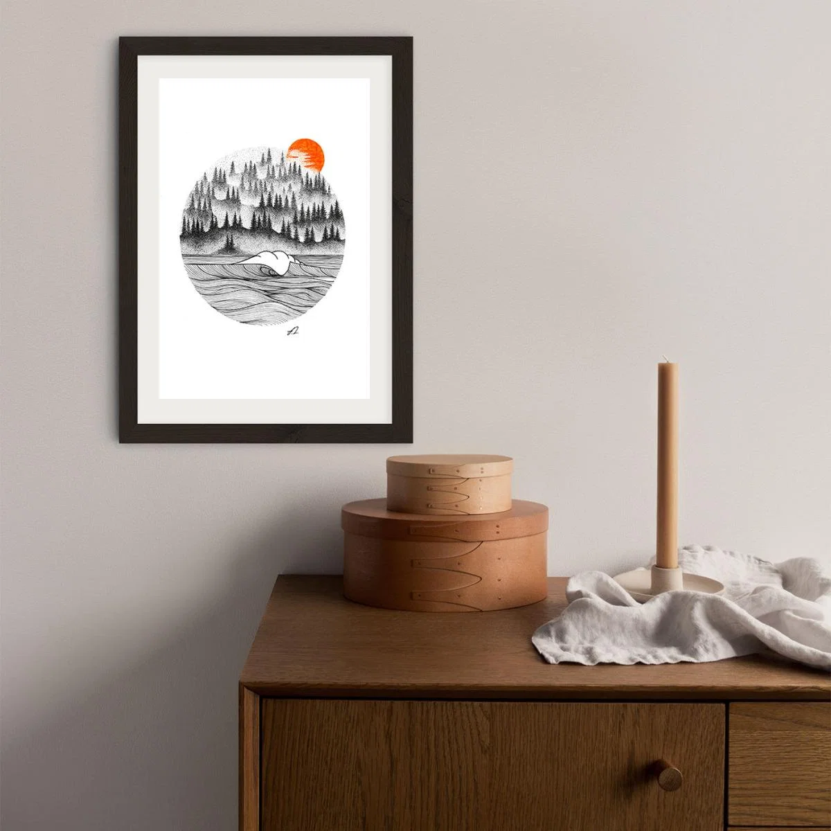 Dotwork Sunrise Art Print Black Frame – image 3