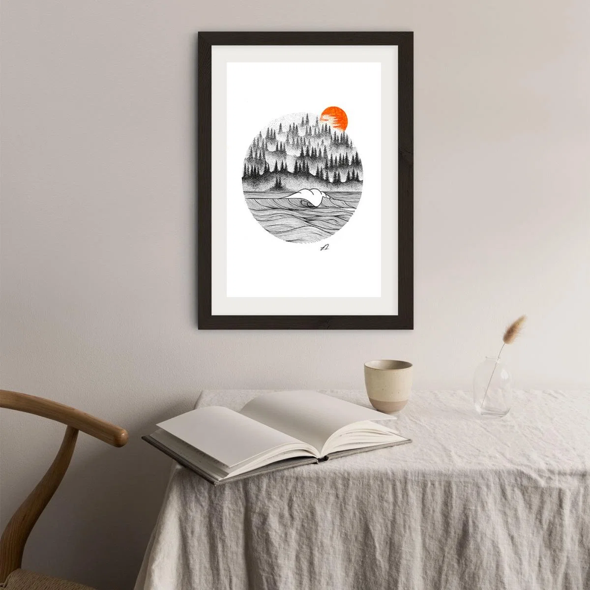 Dotwork Sunrise Art Print Black Frame – image 4