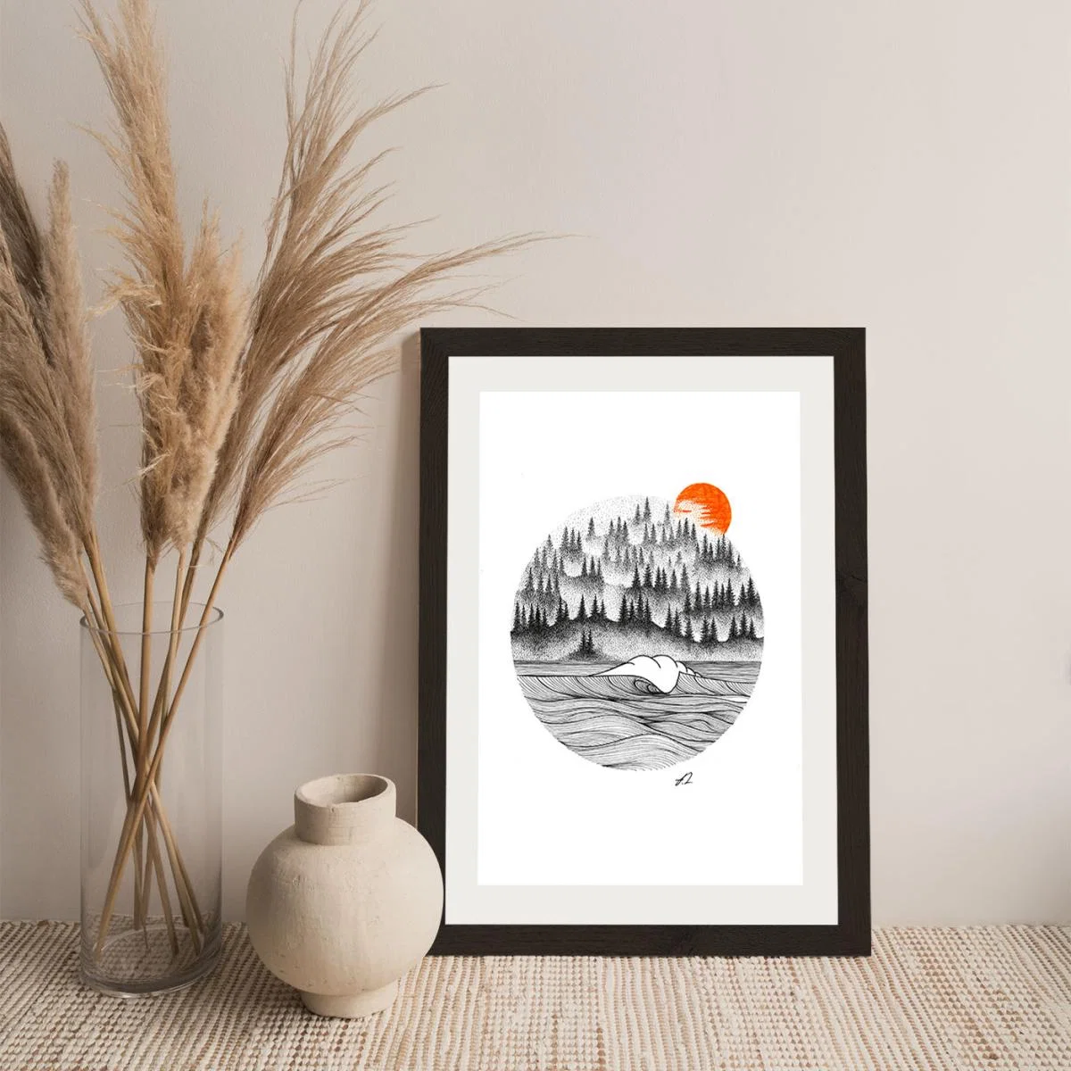 Dotwork Sunrise Art Print Black Frame – image 6