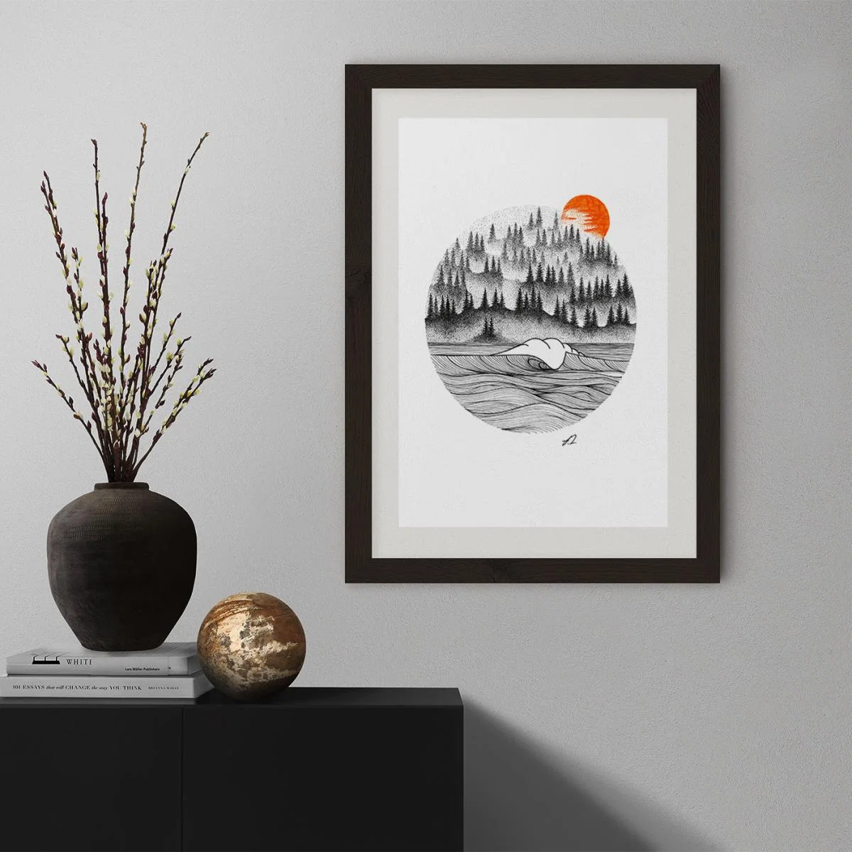 Dotwork Sunrise Art Print Black Frame – image 10
