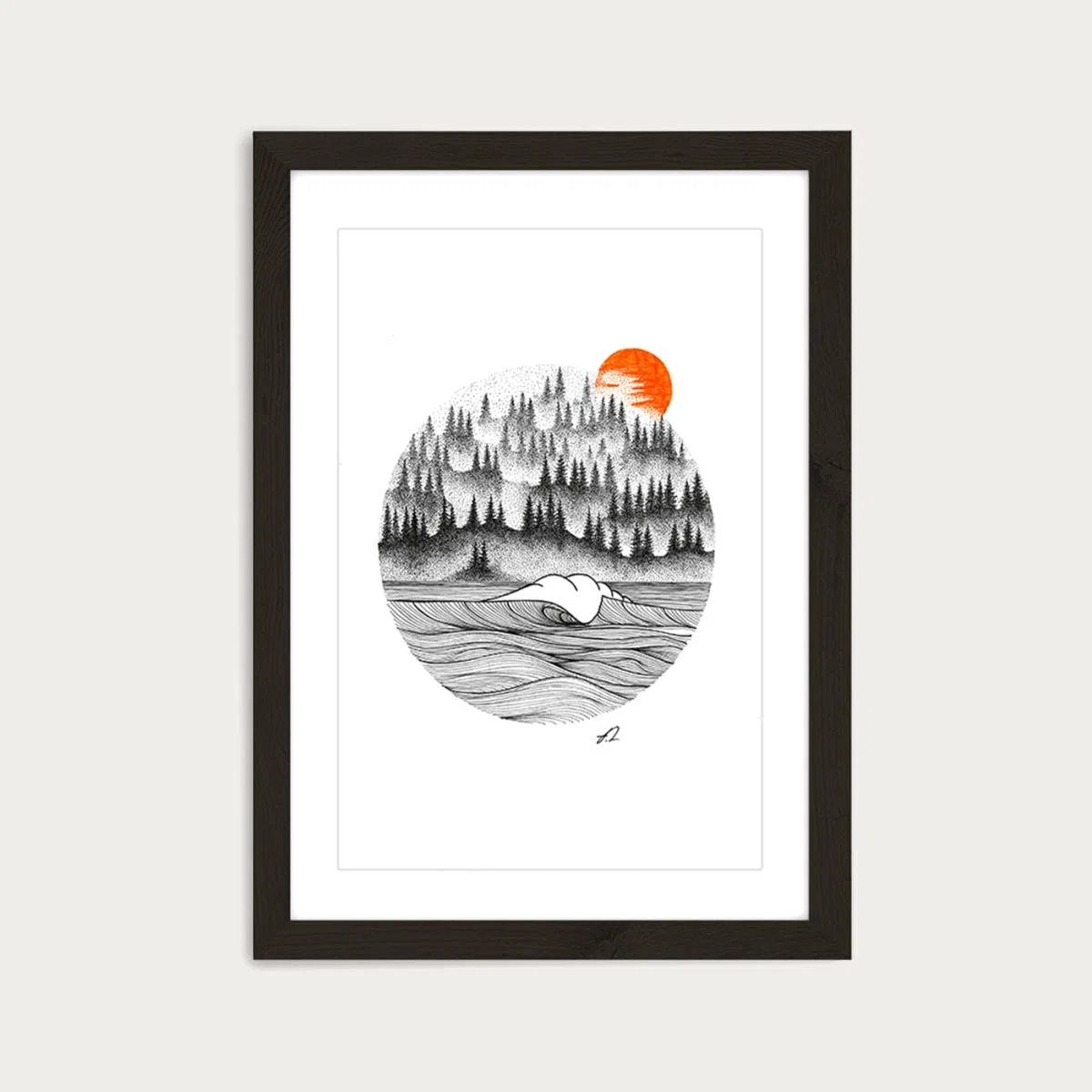 Dotwork Sunrise Art Print Black Frame – image 1