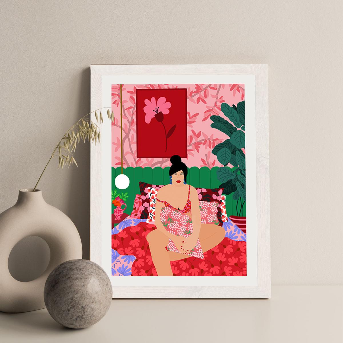 Girl In Her Bed Art Print White Frame – image 2