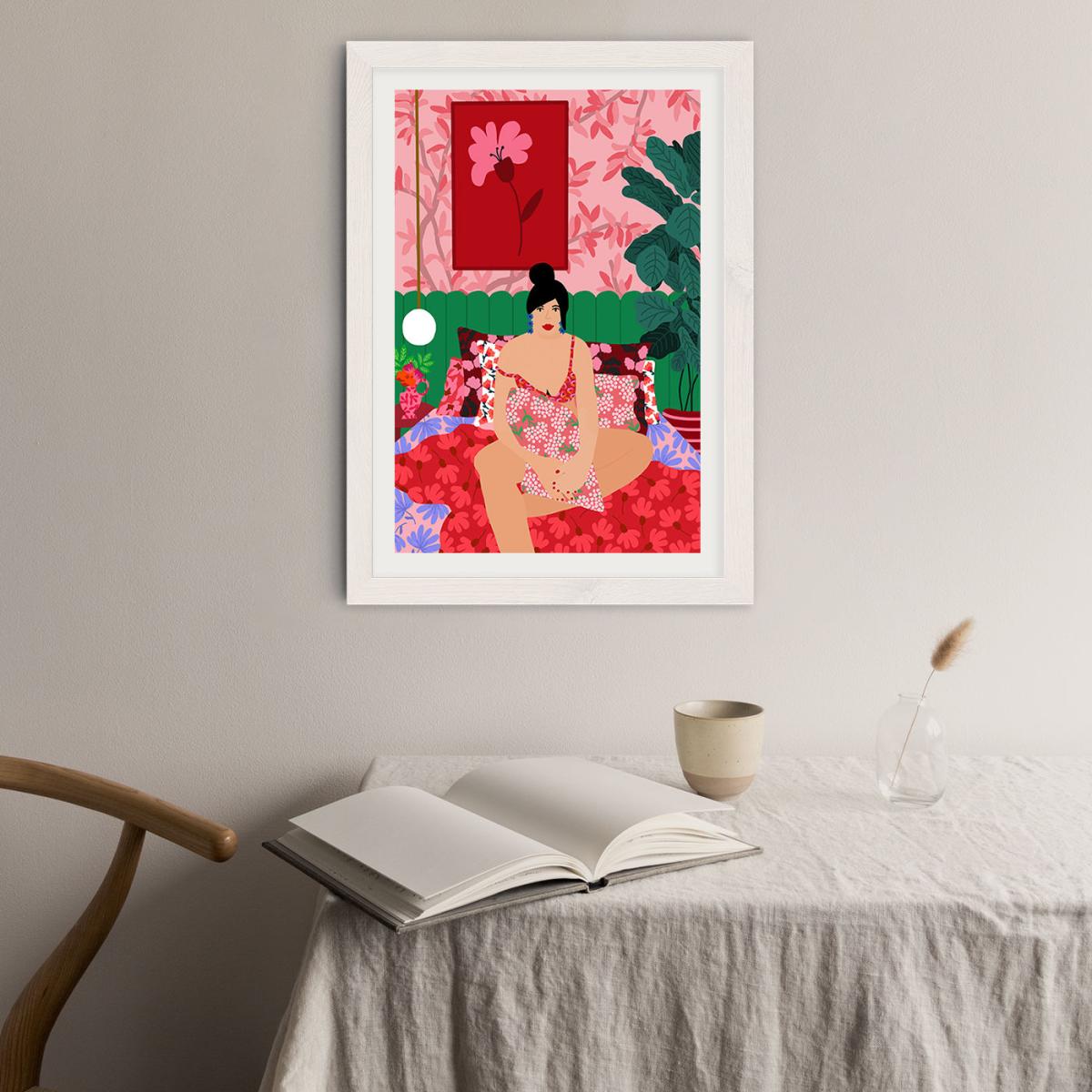 Girl In Her Bed Art Print White Frame – image 3