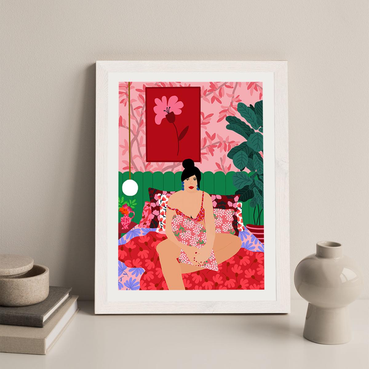 Girl In Her Bed Art Print White Frame – image 4