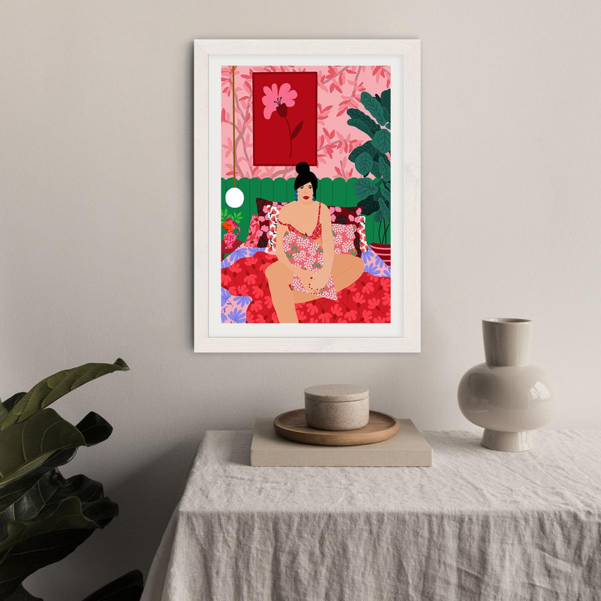 Girl In Her Bed Art Print White Frame – image 5