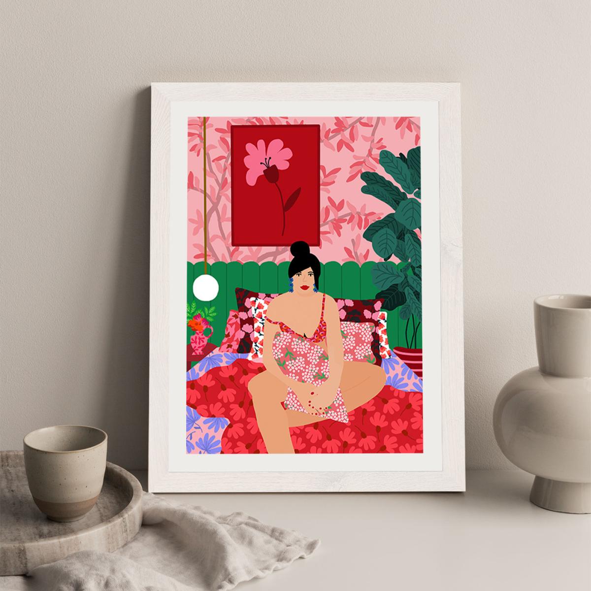 Girl In Her Bed Art Print White Frame – image 6
