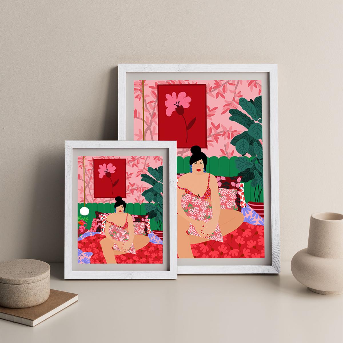 Girl In Her Bed Art Print White Frame – image 7