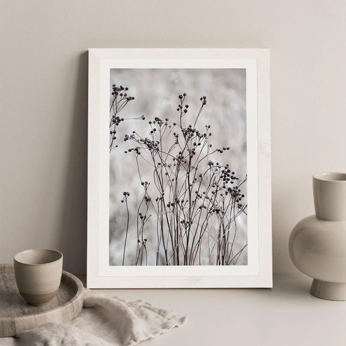 Flower Buds in the Beige Greige Golden Field 2 Art Print White Frame – image 3