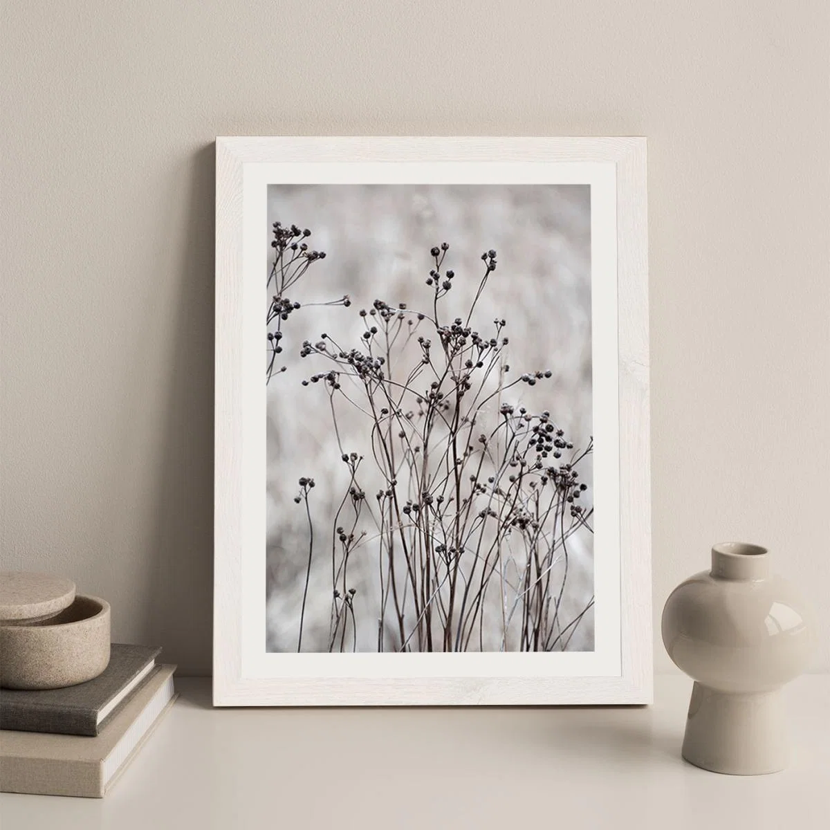 Flower Buds in the Beige Greige Golden Field 2 Art Print White Frame – image 5