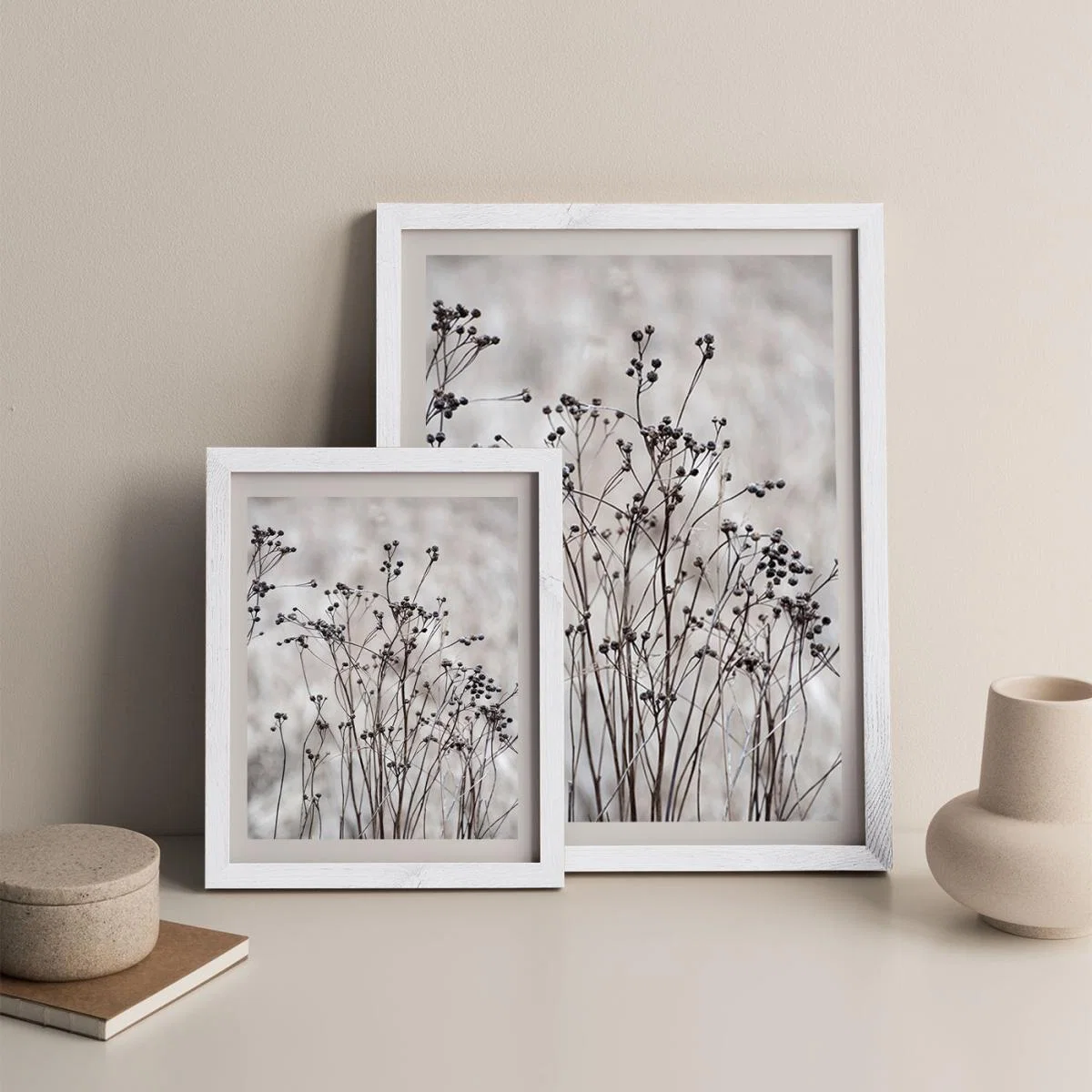 Flower Buds in the Beige Greige Golden Field 2 Art Print White Frame – image 6