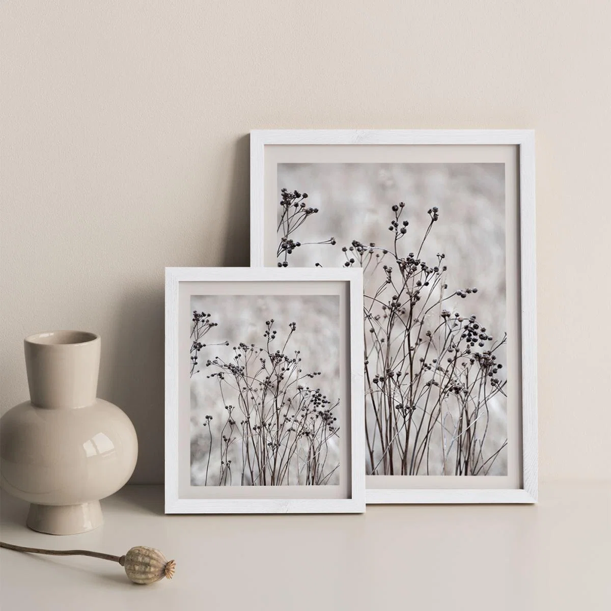 Flower Buds in the Beige Greige Golden Field 2 Art Print White Frame – image 8