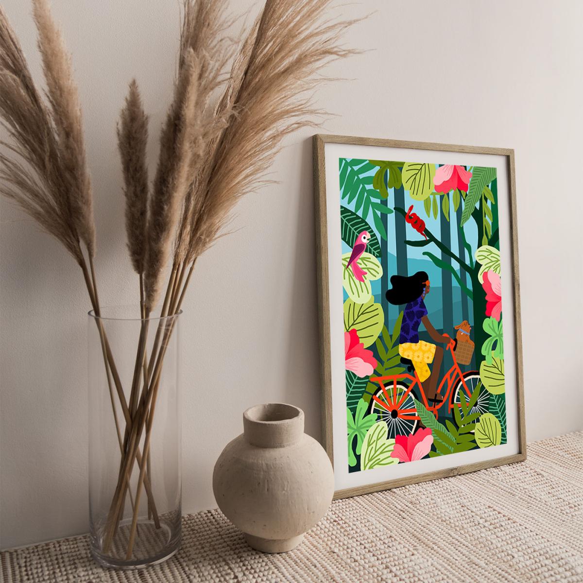 Girl Bike Art Print Oak Frame – image 2