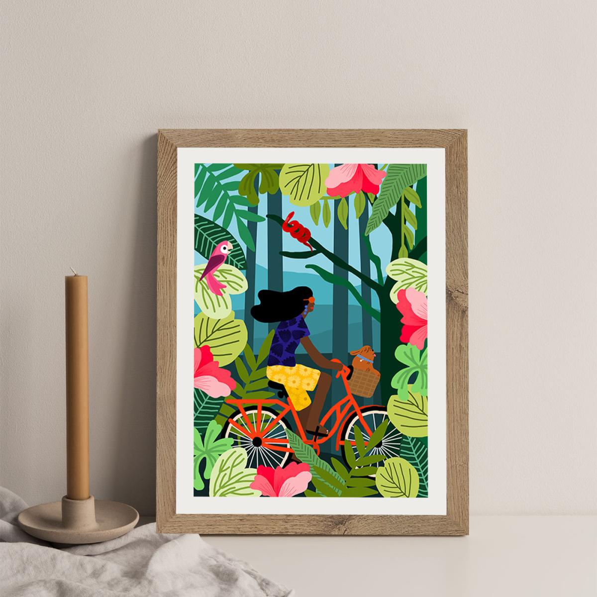 Girl Bike Art Print Oak Frame – image 4