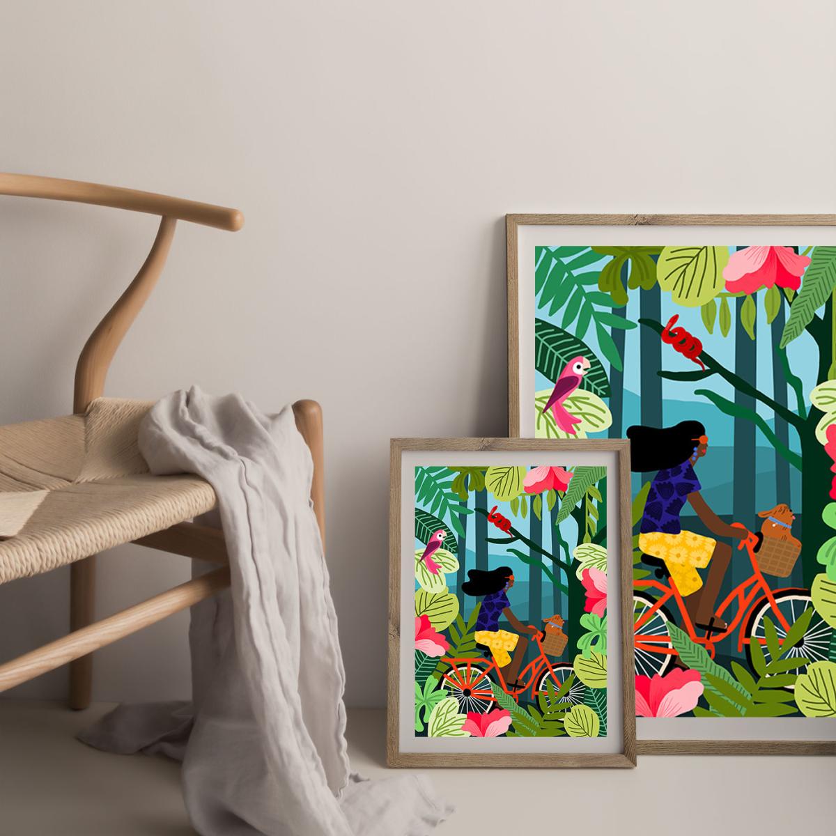 Girl Bike Art Print Oak Frame – image 6
