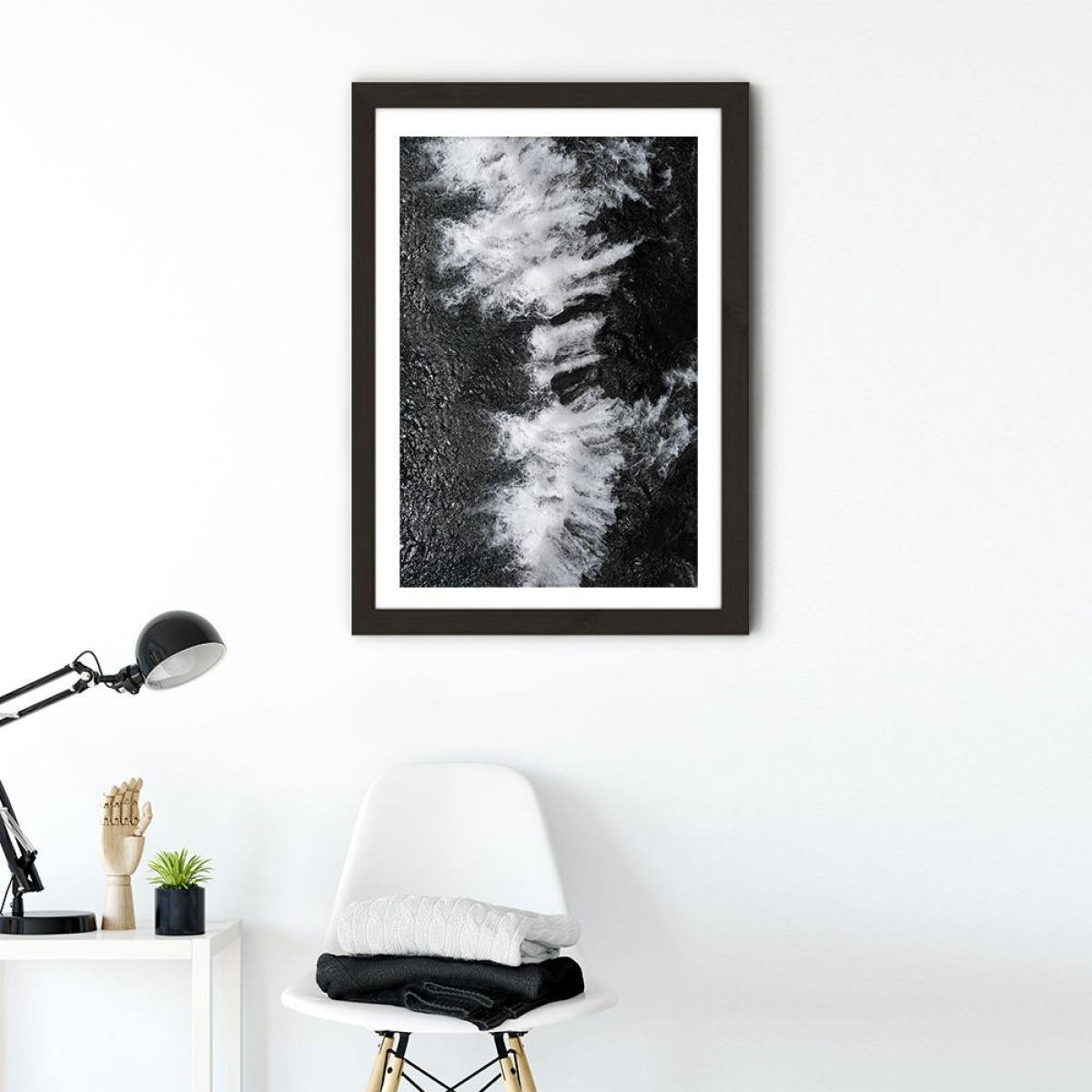 Black and White Water Cascade Art Print Black Frame – image 2