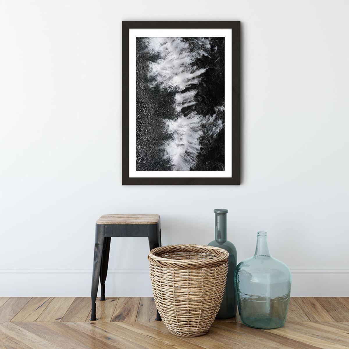 Black and White Water Cascade Art Print Black Frame – image 3