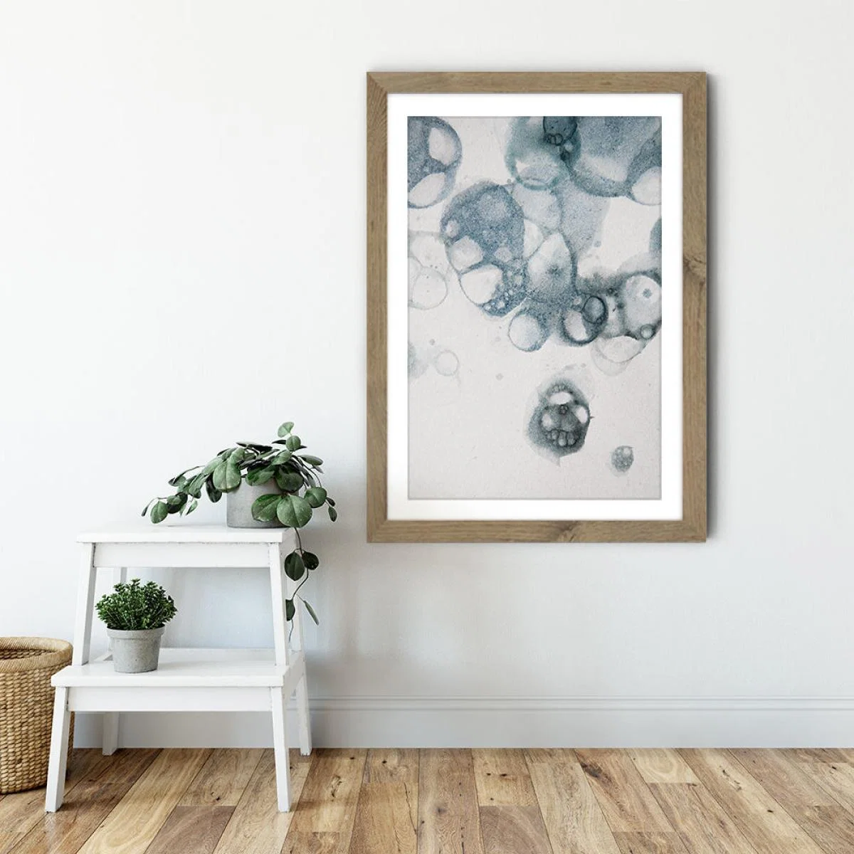 Aquarelle Bubbles – Blue Art Print Oak Frame – image 2