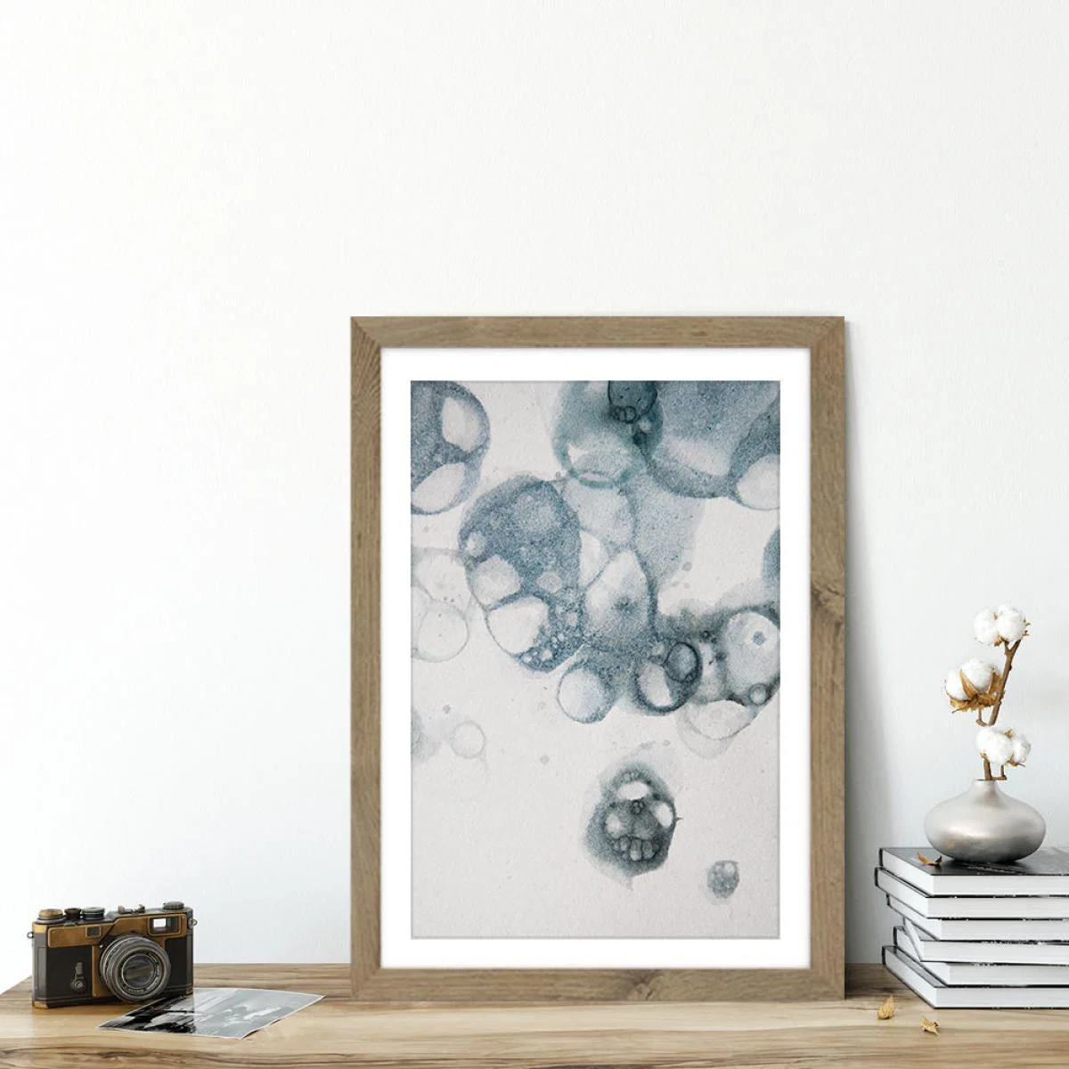 Aquarelle Bubbles – Blue Art Print Oak Frame – image 3