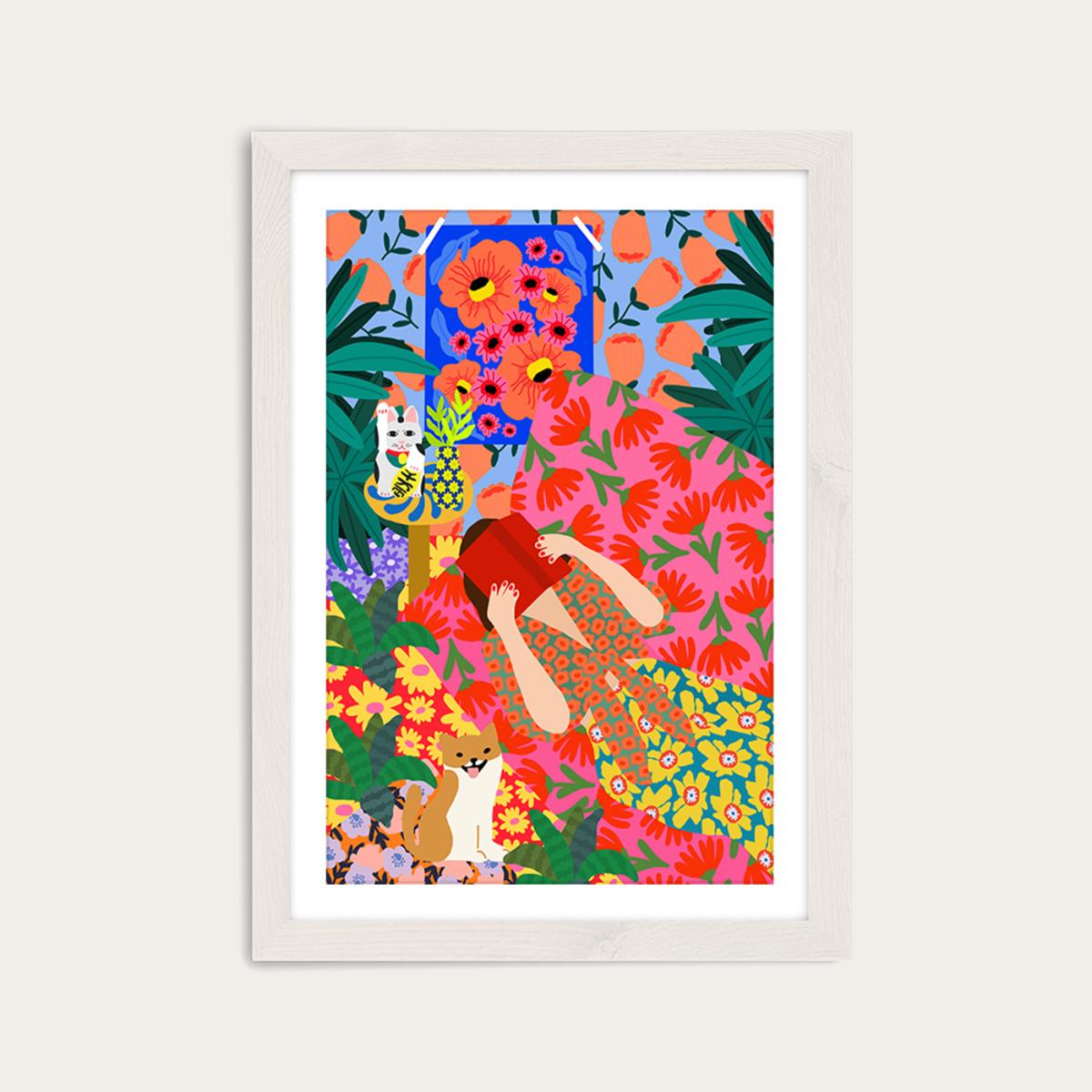 Girl With Book Art Print White Frame – image 1