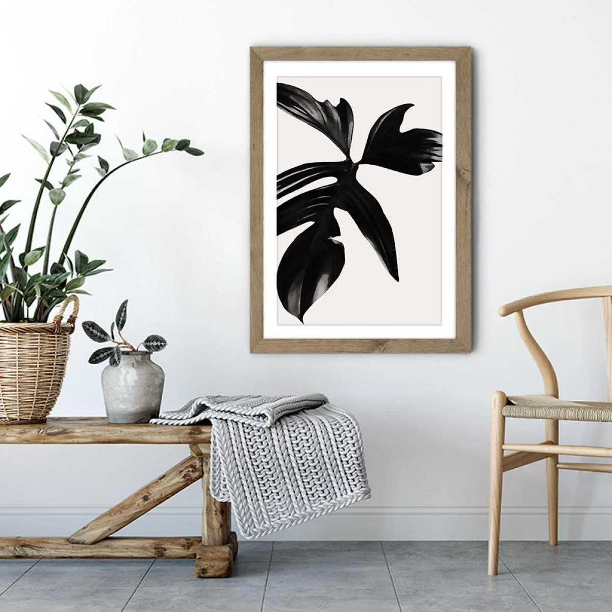 Black Leaf No.5 Art Print Oak Frame – image 3