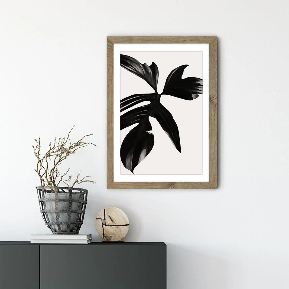 Black Leaf No.5 Art Print Oak Frame – image 6