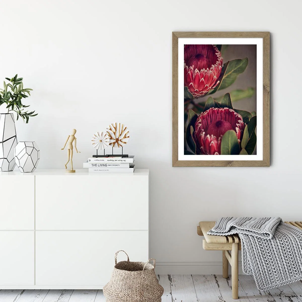 Red Protea 1 Art Print Oak Frame – image 2